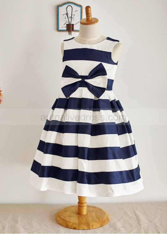 Navy Blue Ivory Taffeta Stripes Knee Length Flower Girl Dress 